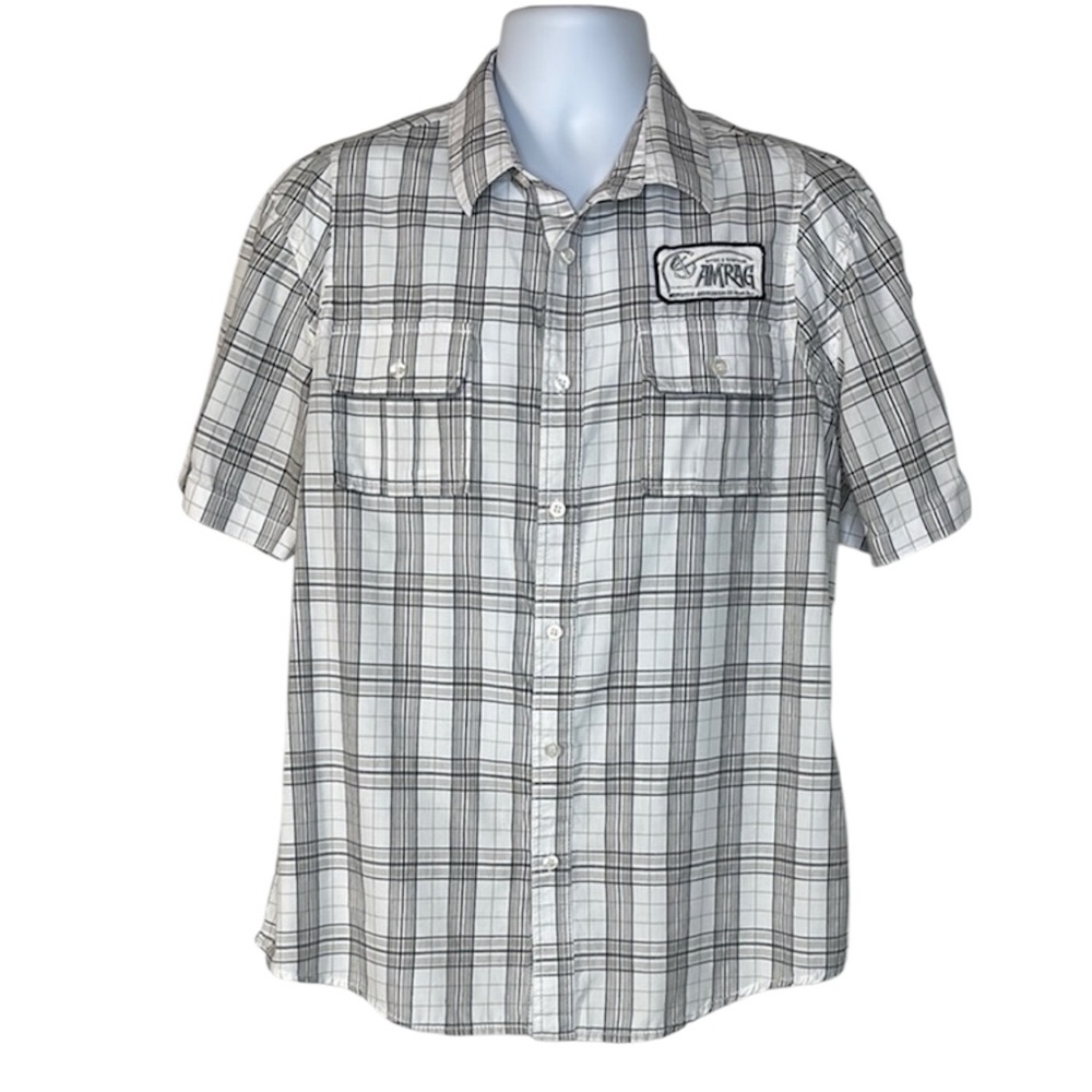 Men’s Plaid Button Down Shirt Casual White Gray Large Patch Details American Rag